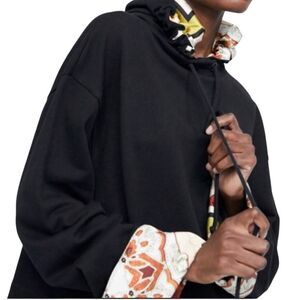 EUC Zara Oversized large Black Hoodie with satin printed hood/arms